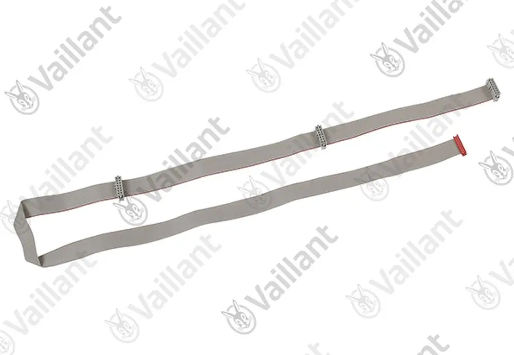Flachbandkabel von Vaillant mit zwei Anschlüssen, Design mit grauem Band und roten Akzenten, geeignet für technische Anwendungen.